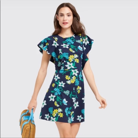 Draper James Navy Floral Flutter Sleeve Dress - Picture 1 of 9